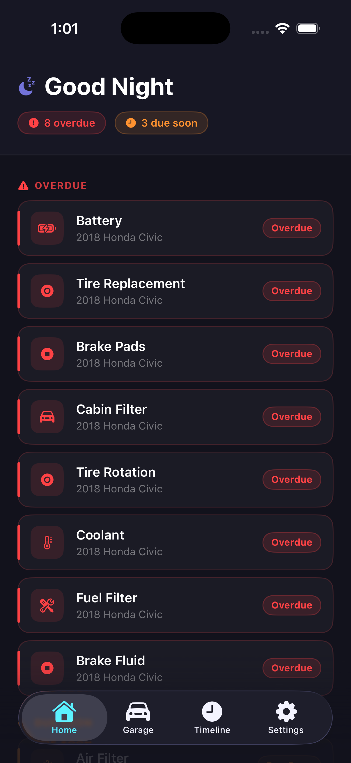 Miles home screen showing a vehicle with upcoming maintenance and recent service activity