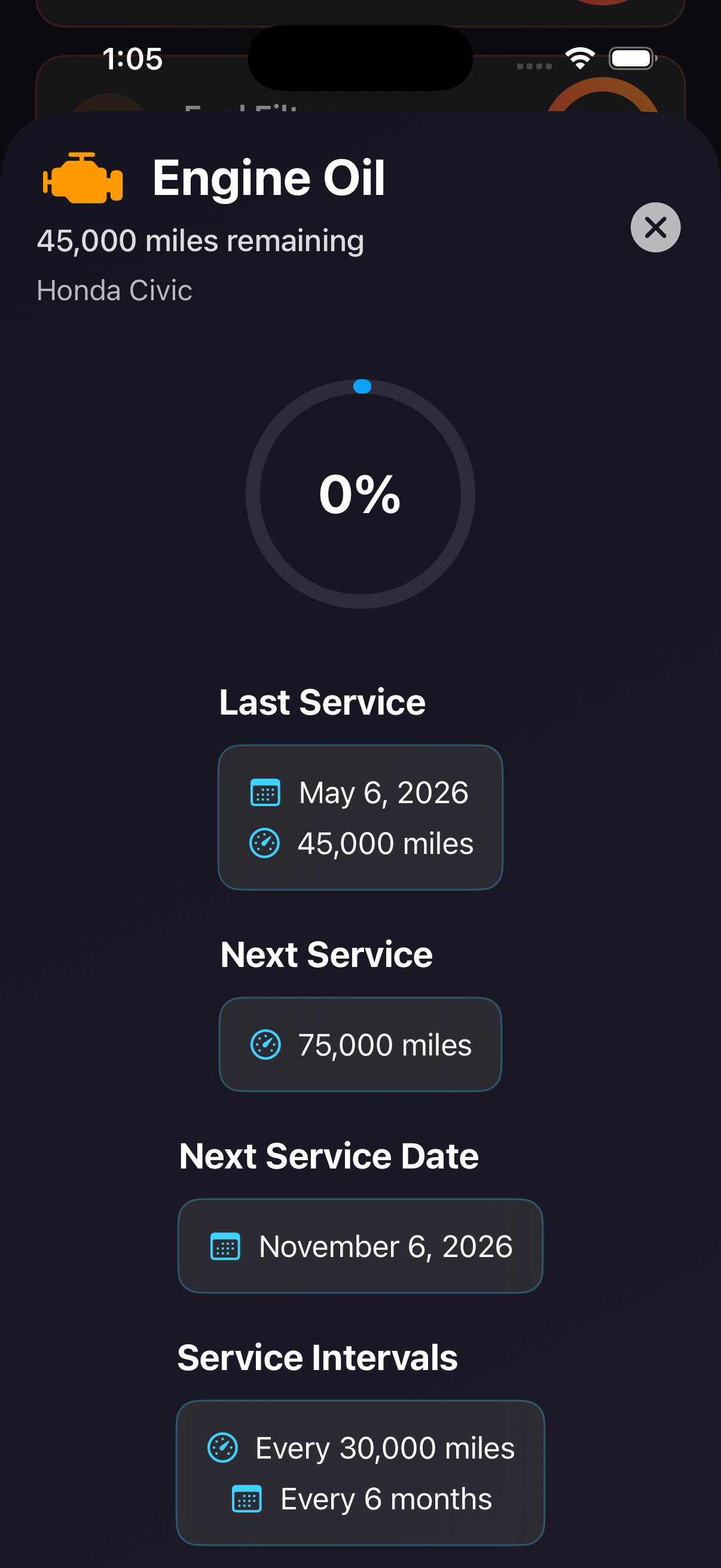 Maintenance item detail showing time and mileage interval, next-due dates, and history