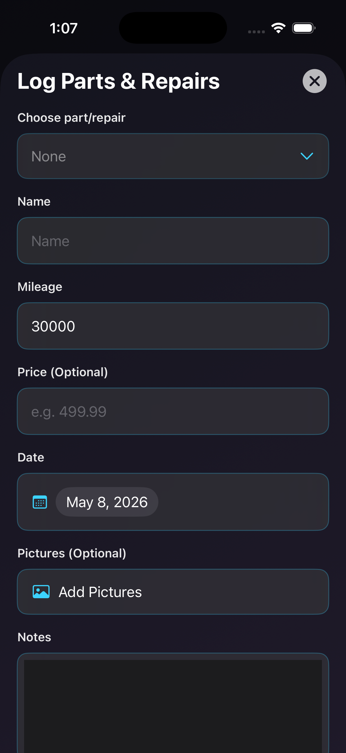 Logging a maintenance event with mileage, price, notes, and photos