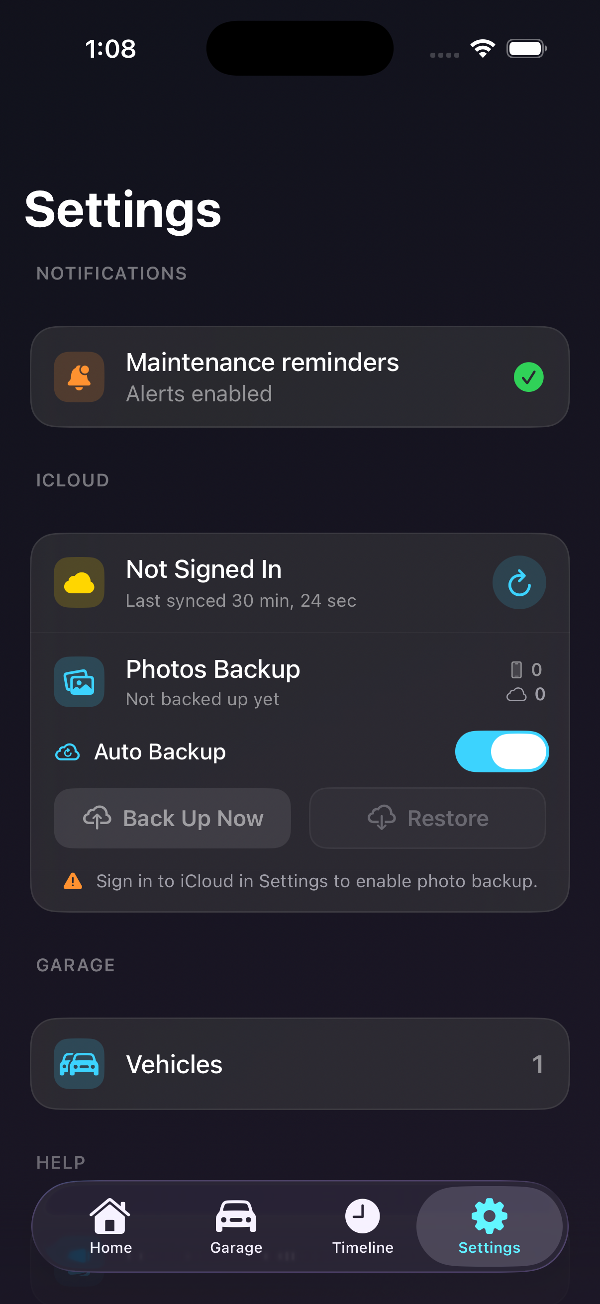 Miles settings screen including the iCloud sync toggle